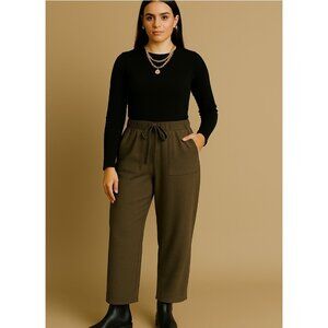 Moia wool blend pants womens brown drawstring elastic waist pockets Korean style